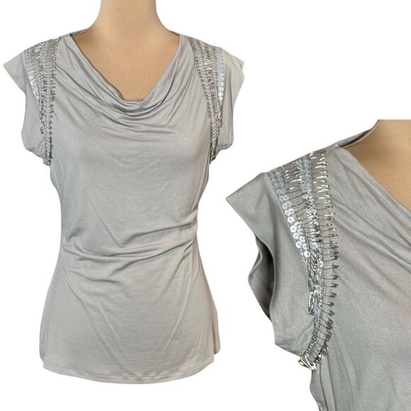 VTG Forever 21 Y2K Top Tee Sz.M Gray Decorative Pins Sequins Cowl Neck NWOT - Picture 1 of 11